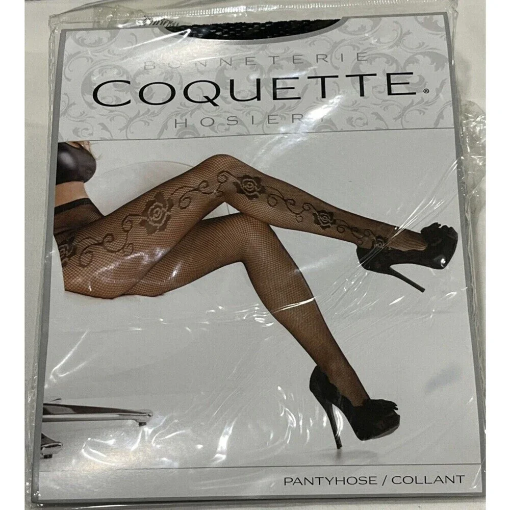 Coquette Bonneterie Hosiery Fishnet Stockings w/ Rose Detail Black One Size NEW